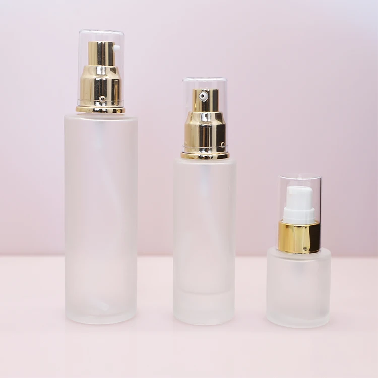 30ml 60ml 100ml glass clear frosted cosmetic lotion pump bottle fine mist perfume Flat spray bottle with silver gold spray lid