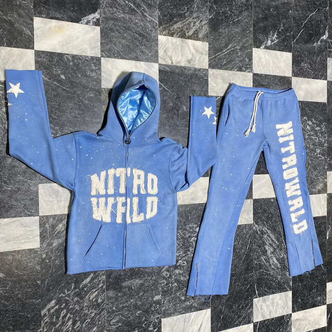 Manufacturer zipup Custom Rhinestone Full Face Zip Up Hoodie Distressed Patch fullzip Sweatpants And zipper Hoodie Sets For Men