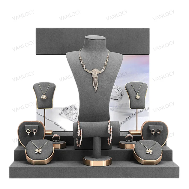 VANLOCY NEW Fashion metal grey jewelry displays for store luxury jewelry display props microfiber jewelry stand display set