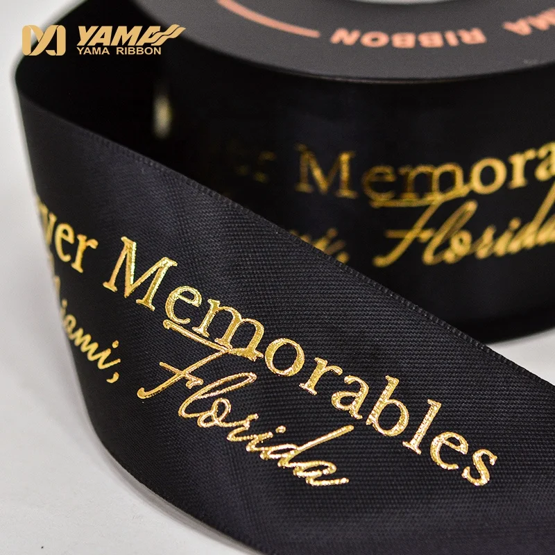 Yama Ribbon OEM 3D Puff Foil Gold Printed Satin Grosgrain Custom Ribbon With Logo
