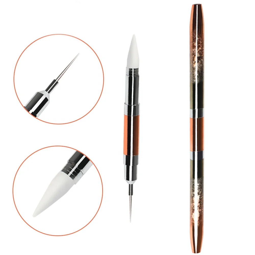 New 2021 Custom Logo gold metal handle wax nail art dotting pencil pen tool gem rhinestones picker dotting pen