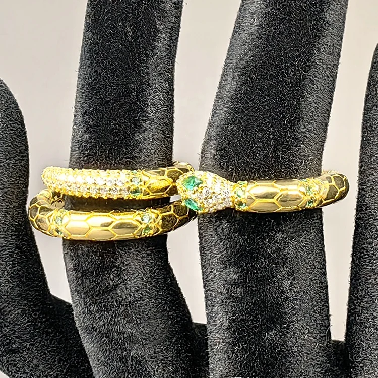 Fine Jewelry 18K Gold Plated Green Eyes 925 Sterling Silver Marquise Lab Grown Emerald Serpent Snake Two Finger Ring for Women