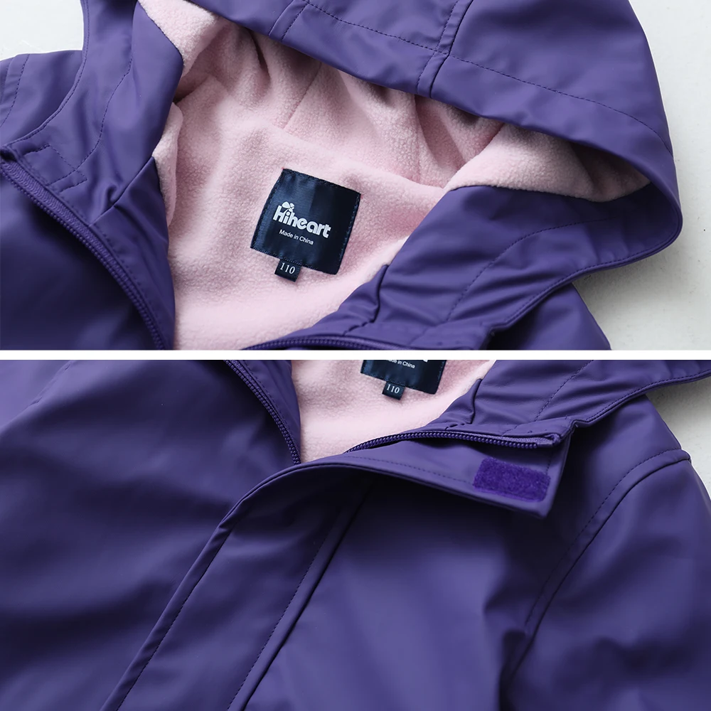 Girls Long-Length Waterproof Raincoat with Fleece Lining Hooded Windbreaker for Autumn Zipper Closure