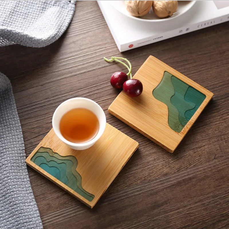 Natural bamboo wood with epoxy resin coaster round and square tea cup mat heat insulation pad for drink beer coffee tea