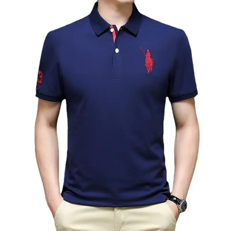 Turtleneck high quality short sleeve double mercerized cotton polo shirt various colors large size M-7XL t-shirt for men polo