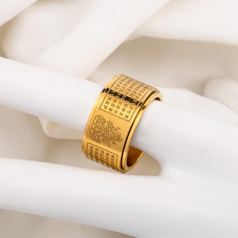 Southeast Asian Trend Personality Stainless Steel Plated 18K Gold Buddhist Heart Scripture Rings