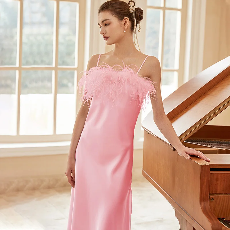 Custom Elegant Evening Party Dress Ostrich Feather Bridal Pajamas Night Dresses For Women