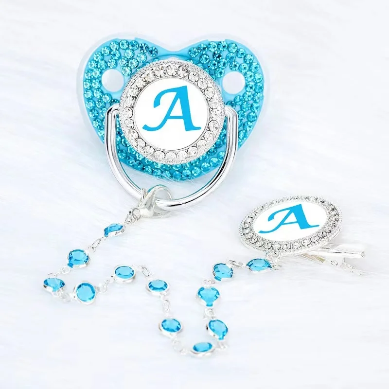 Food grade silicone diamond letter baby pacifier dot drill baby comfort with glass  pacifier chain