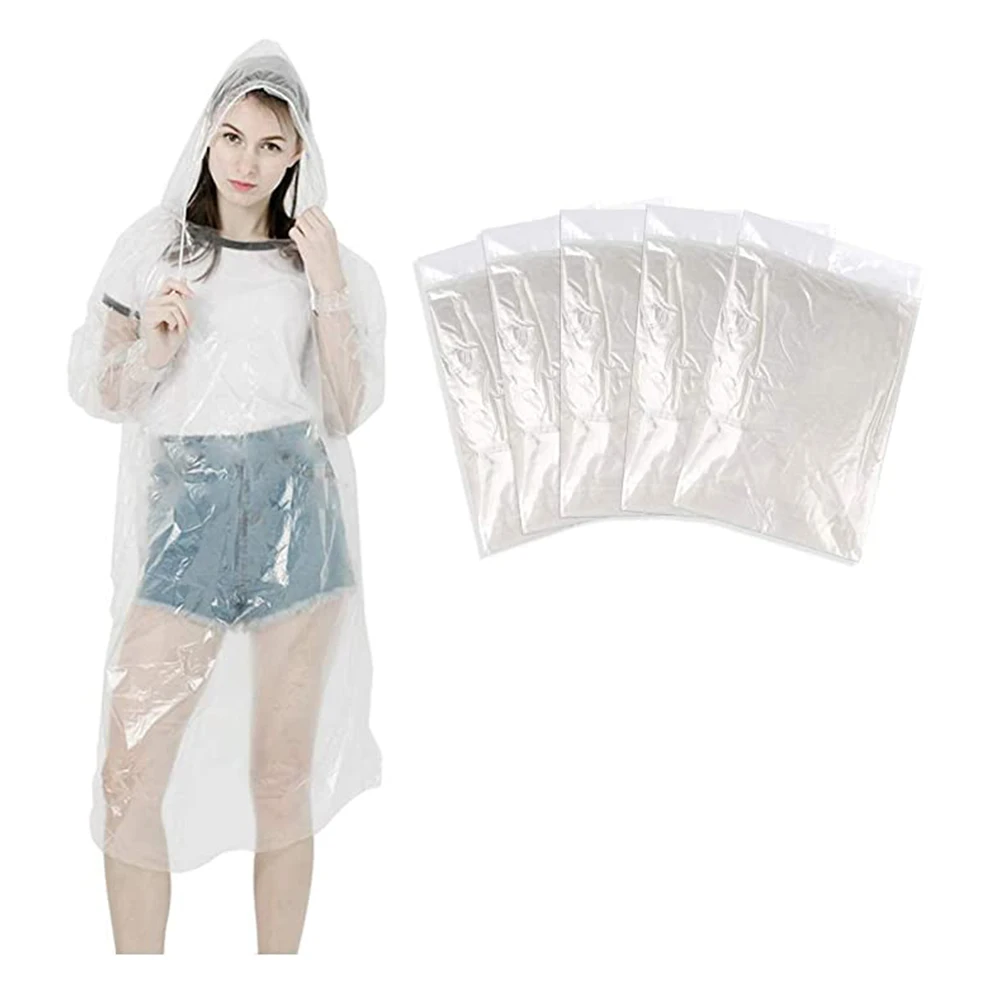
Transparent Rain Poncho Rain Cape Rain Coat Disposable Rain Poncho Cape with Hood for Festival Concert, PE, pack of 5 
