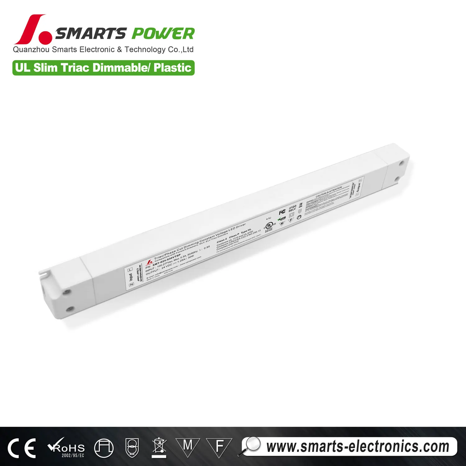 Smarts Phase Cut dimmable constant voltage 277Vac led driver 30w for strip light slim size LED power supply 12Vdc 24Vdc
