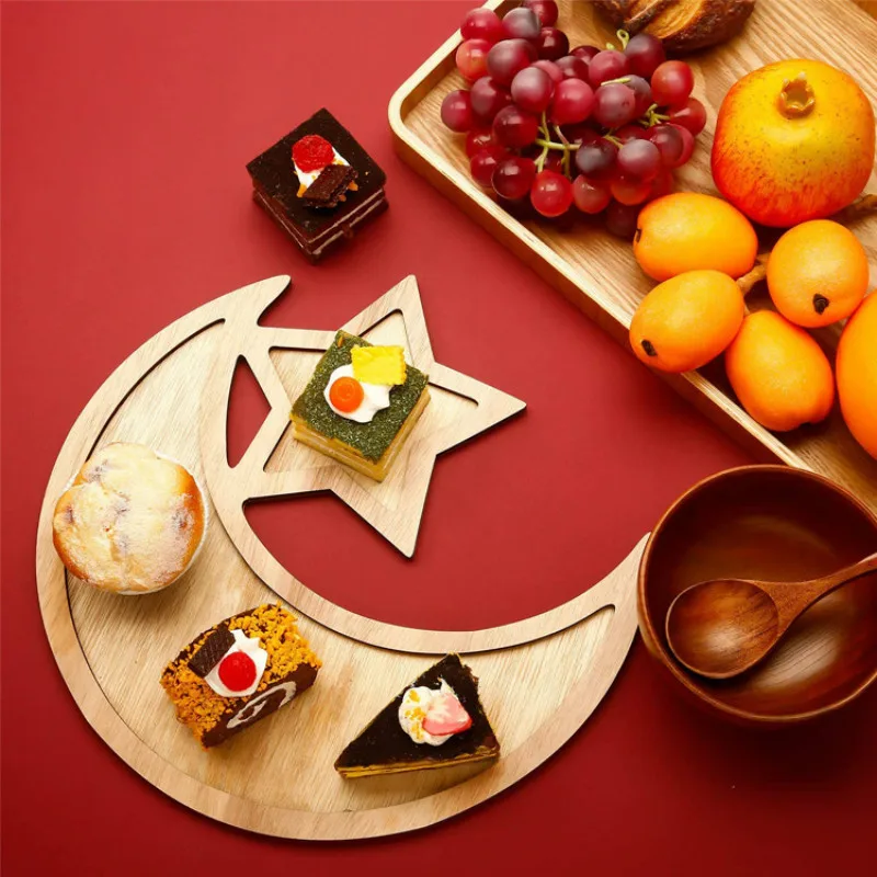 
Wooden Moon Star Tableware Tray Display Eid Mubarak Party Serving Ramadan Decoration 