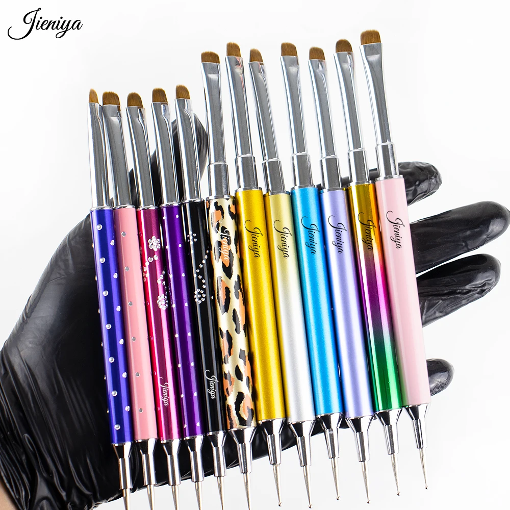 Jieniya hot selling Inlaid rhinestones pattern Metal Handle UV Gel dotting tool French brush double head nail art dual brush