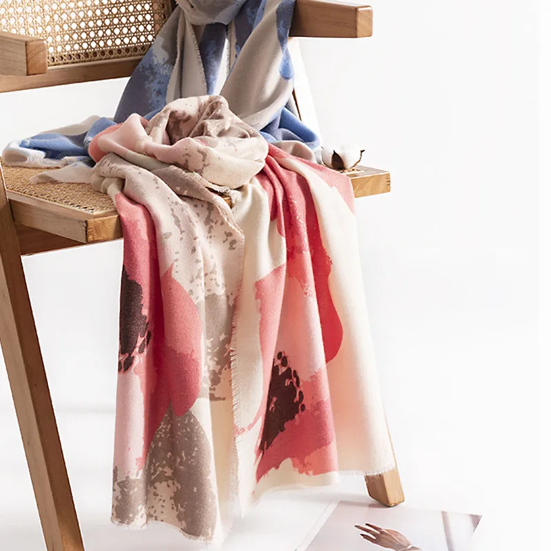 Manufacturer new oversize winter scarves shawls women fancy flower pattern warm thick pashmina scarf double side cashmere shawls