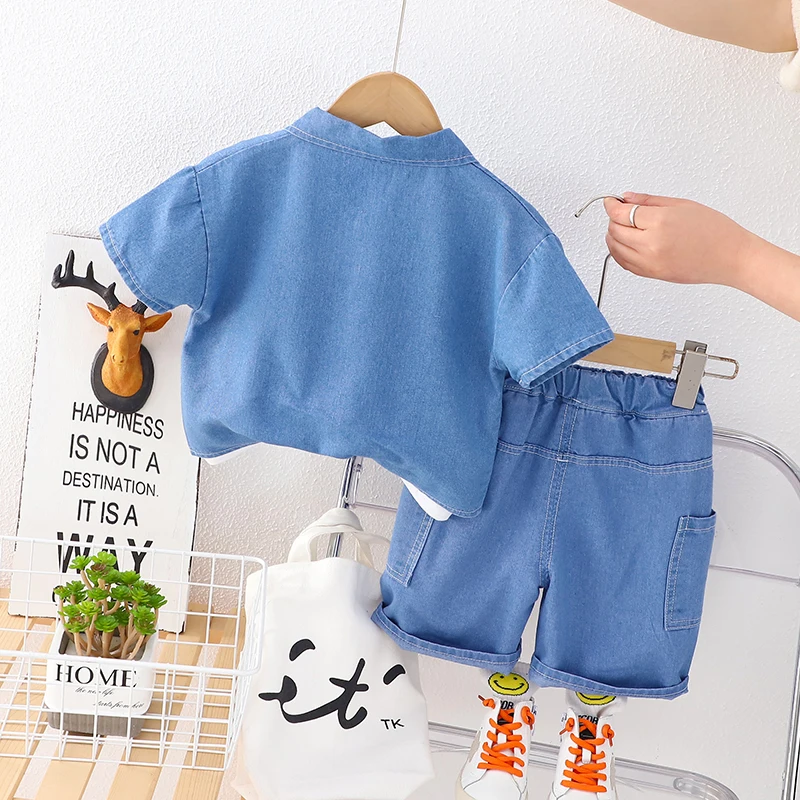 2023 Summer Baby Boys Clothes Sets Short Sleeve Print T Shirt Denim Jacket Pants 3 Pieces Fashion Toddler Outfits Kids Clothing