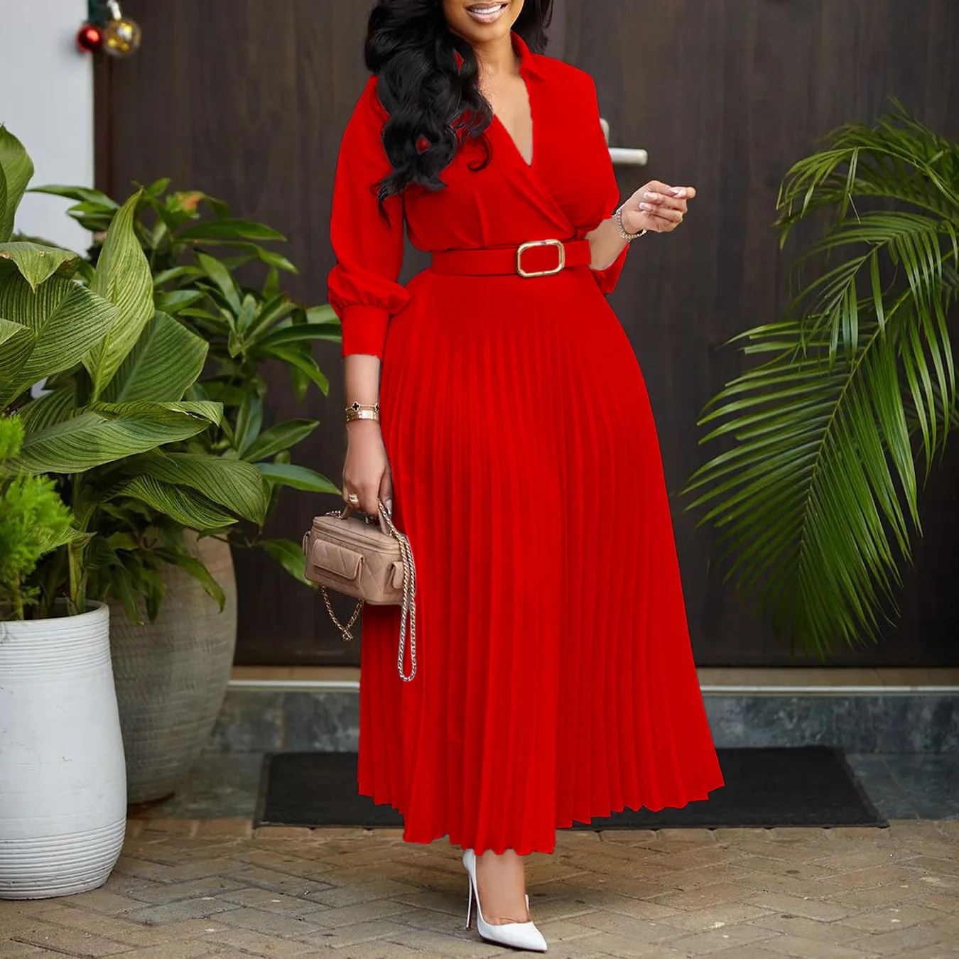 With Belt Trendy Spring Lady Elegant Solid Color Long Sleeve V-neck Formal Ladies Pleated Elegant Casual Dresses for Women