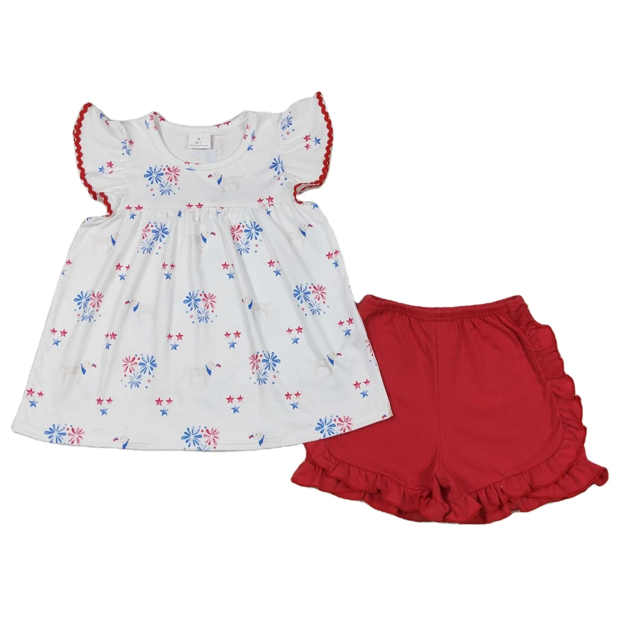 Wholesale July 4th Baby Girls Summer Short Sleeves Dogs Stars Tunic Toddler Kids Set Children Red Ruffle Cotton Shorts Outfit