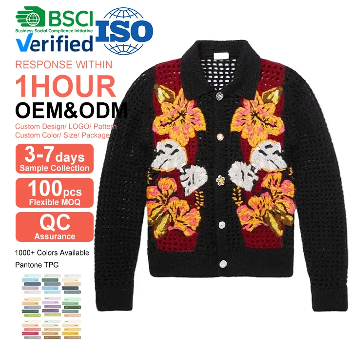 Custom Design Mens Summer Hollow Out Button Up Long Sleeve Cardigan Knitwear Knitted crochet