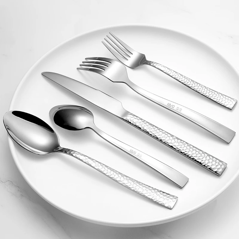 Trending Product Wholesale Mirror Polish Hammered Design Stainless Steel Spoon And Fork Flatware Set Silverware Cutlery