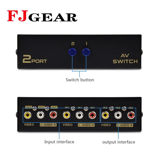 FJGEAR hot  selling,factory price and  high quality Av adapter Switcher 2 in 1 out RCA Av switch