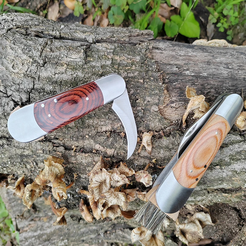 Hot selling wood handle Truffle knife camping folding mushroom knife with brush