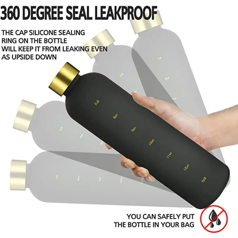 Water Bottle with Motivational Time Marker Reminder 32oz 1 Liter BPA Free Frosted Tritan Plastic Leakproof and Durable Water jug