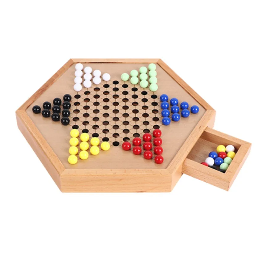 Premium Large Wooden Hexagon Drawer Checkers Set with Glass or Acrylic Pieces