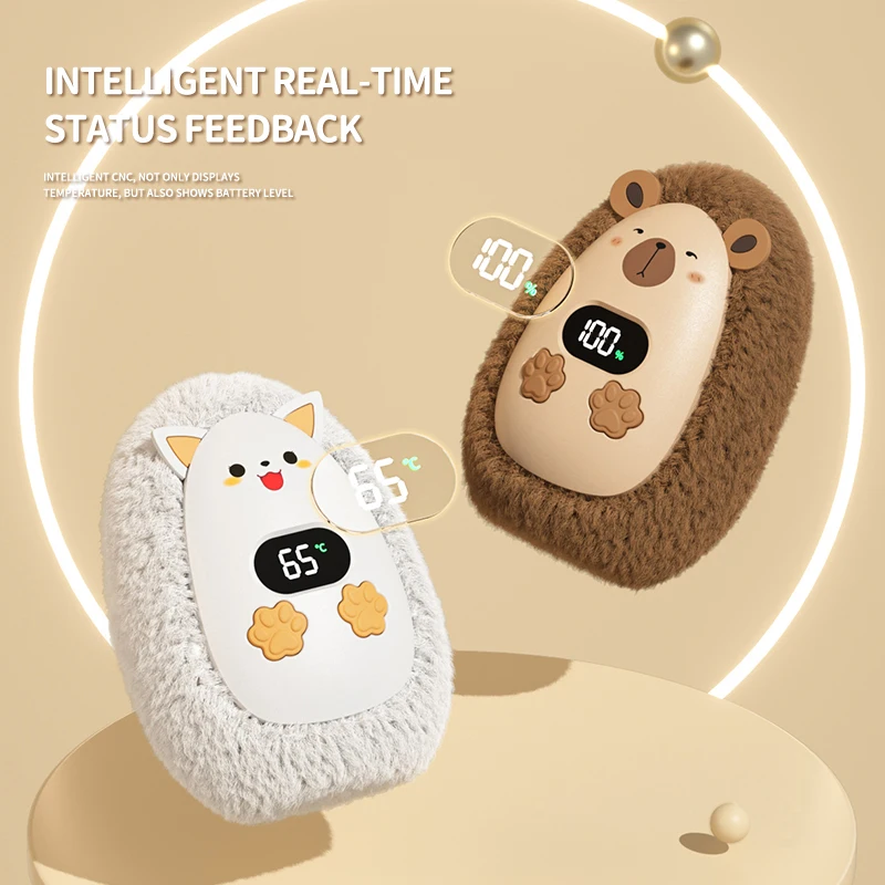 Winter Gift Digital Display Thermostatic Reusable Hand Warmers Heating Electric Cute Fluffy Comfortable Pocket Hand Warmer