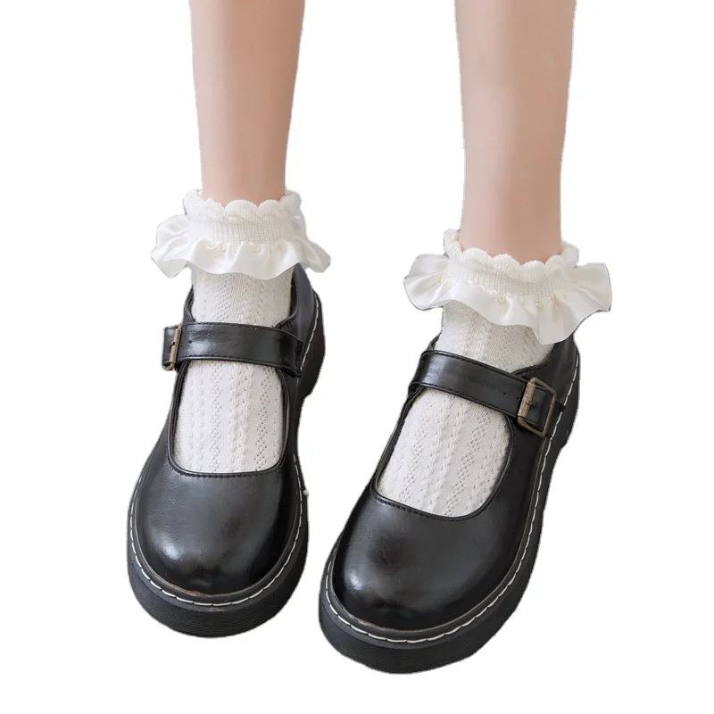 Women Socks Lolita Style Japanese Cute Frilly Ruffle Socks Solid White Black Mesh Lace Girls Sweet  Short Socks