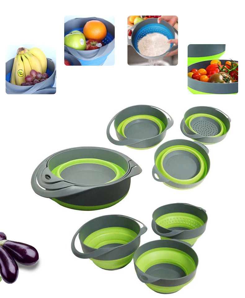 Kitchen Collapsible Silicone Strainer Drainer Set Folding Silicone Dish Drainer Kitchen Strainers Pasta Drainer