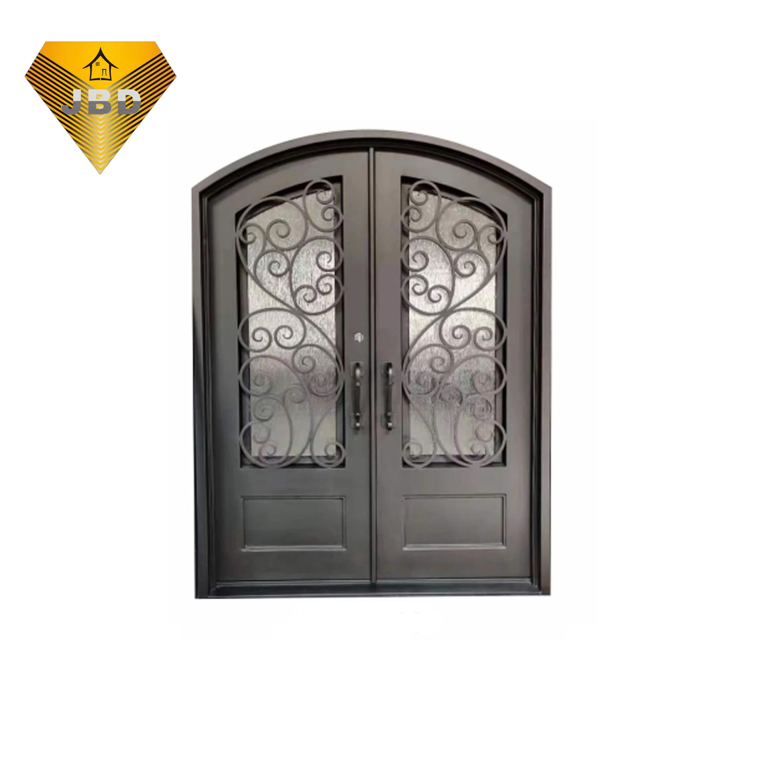 JBDhome Contemporary House Exterior Double Doors For Main Entrance Double Wrought Iron Grille Arched Doors