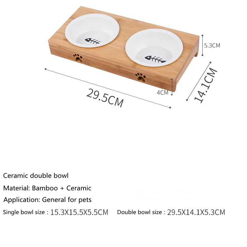 Factory Wholesale Safety And Health Bamboo Pet Cat Double Bowl Ceramic Pet bowl