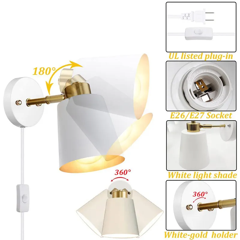 American retro industrial swing arm wall lamp bedroom bedside with switch American and European plug hanging lamp reading light