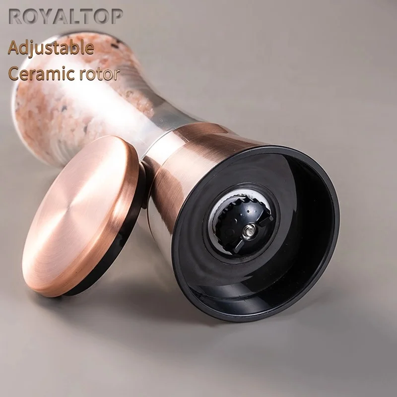 Kitchen Gift Rose Gold Sea Salt Mill Stainless Steel Grinding Cap Adjustable Ceramic Pepper Grinder With 180ml Tall Glass Bottle