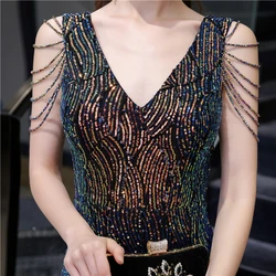 NWE2001Real Sample on Store Beaded Sexy Front Slit Fitted Evening Dress V-neck Party Dress
