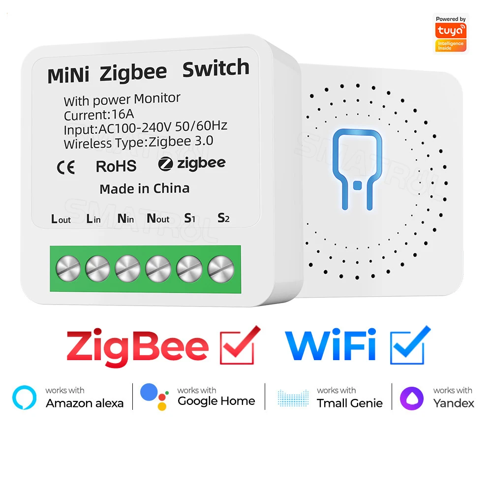 TUYA Zigbee wifi 16A with Power Monitor Mini Smart DIY Switch Wall Switch Module Relay Support two-way control Home Smart Life