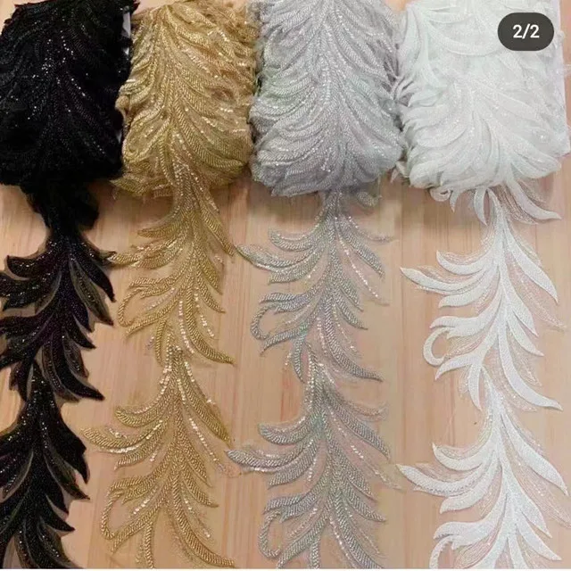leaf shape flower machine made embroider organza pearl rhinestone seed bead lace trimming tape for dress