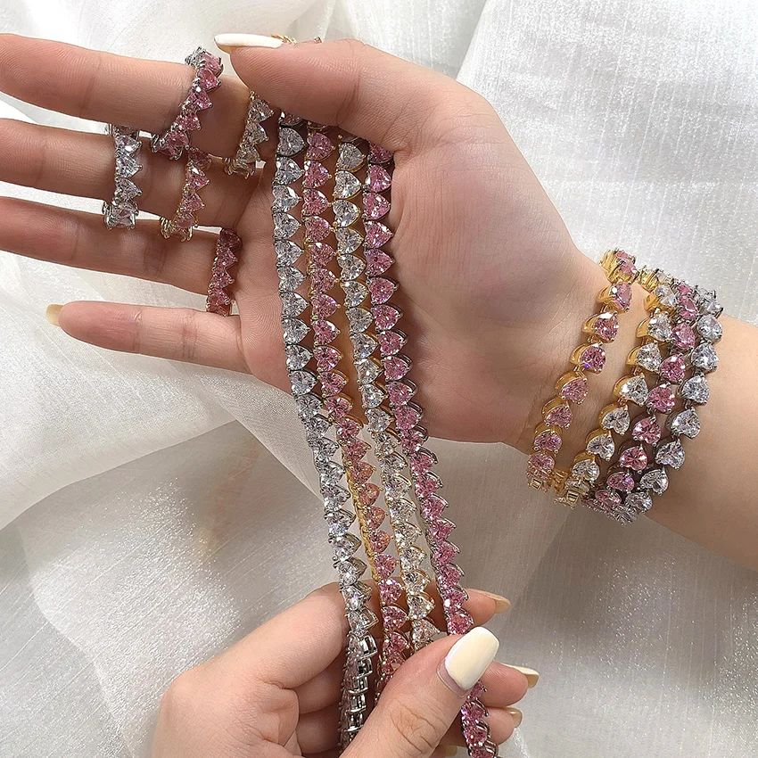 В наличии 5A кубического циркония цепи из нержавеющей стали в форме сердца cz ожерелье в виде цепочки для тенниса для женщин и мужчин, подарок ко Дню Святого Валентина для девочек, Модный комплект ювелирных изделий