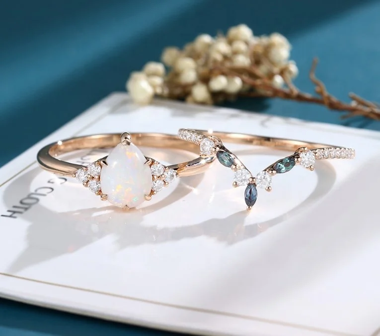 White Opal Jewelry 925 Sterling Silver Rose Gold Plating Pear Shape White Opal Women Fine Ring Set