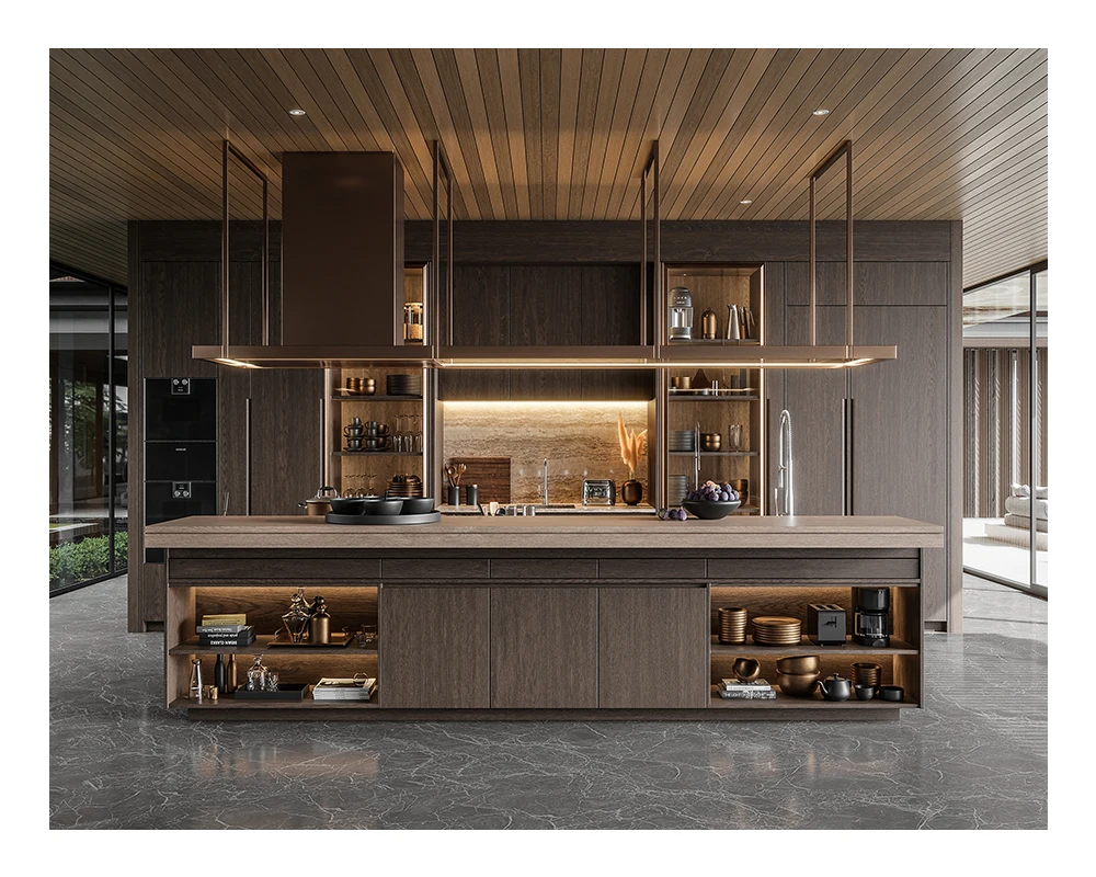 Waterproof island minamalis particle board plywood pvc veneer beveled edge drawer slide wood wall kitchen cabinet for villa