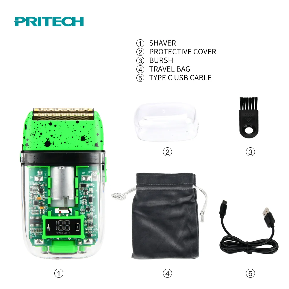 PRITECH Portable Travel USB Rechargeable Beard Shaving Machine Twin Blade Foil Shaver Electric Customized Male Face 2 Hours 3W