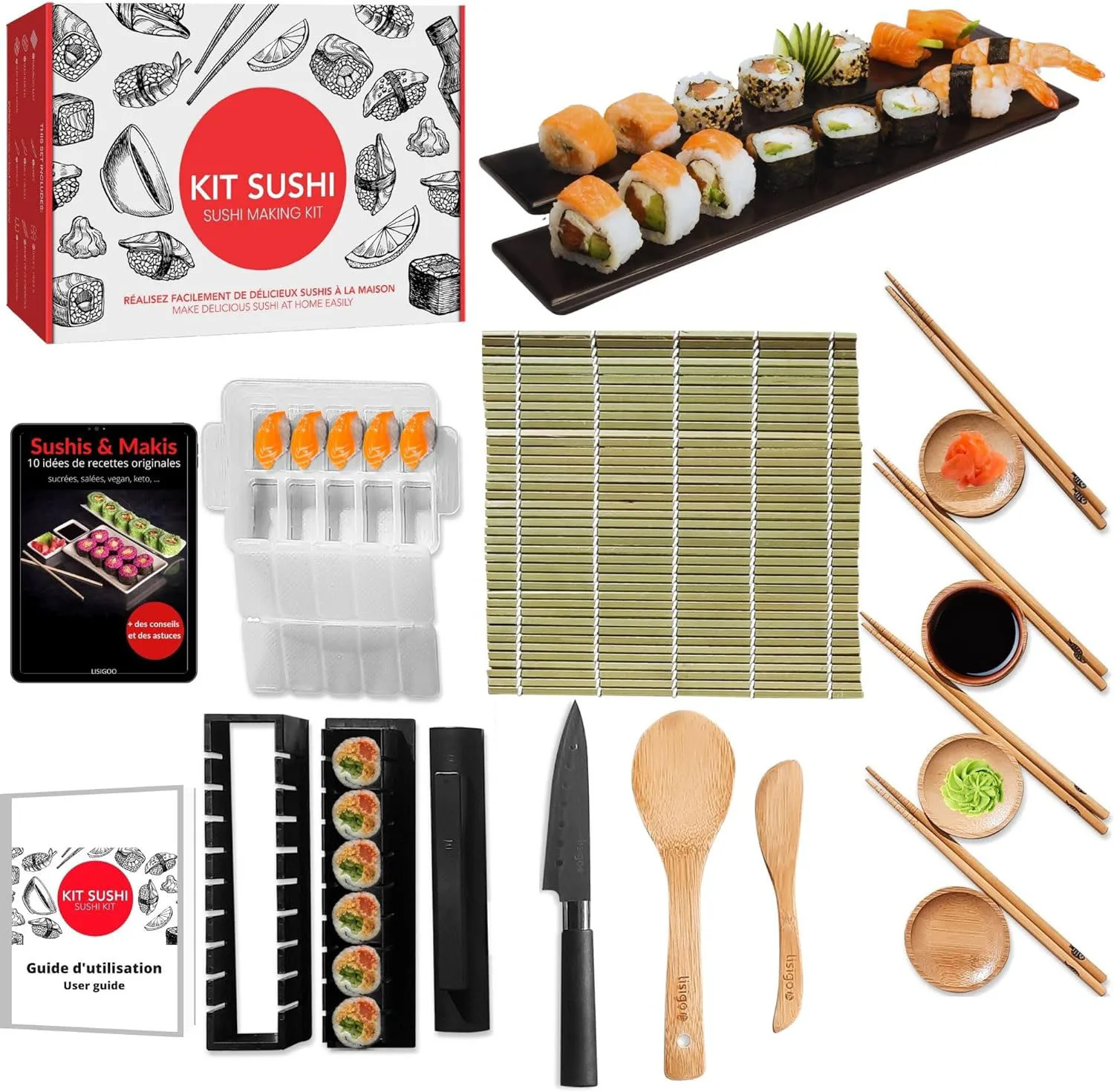Sushi Maki Maker Complet Fabrication  Coffret Avec Bambou Couteau Japonais Baguettes Moule