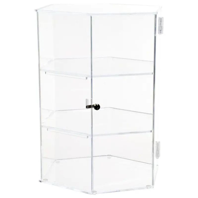 Hexagonal 2 Shelves Locking Rotating Base Watch Ring Glass Acrylic Counter Display Box Case