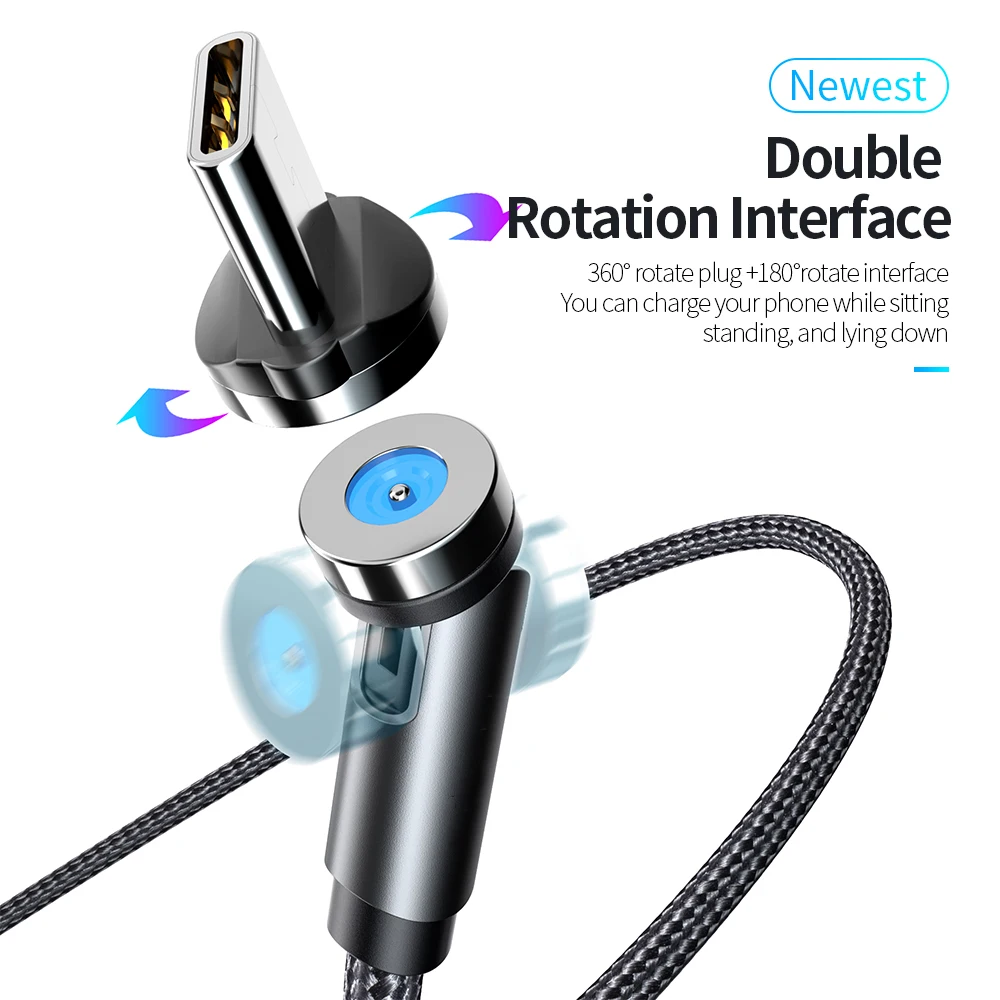 540 degree Rotation Magnetic Charging Cable 3.3ft 3 in 1 Magnetic USB Cable Compatible with Micro USB Type C