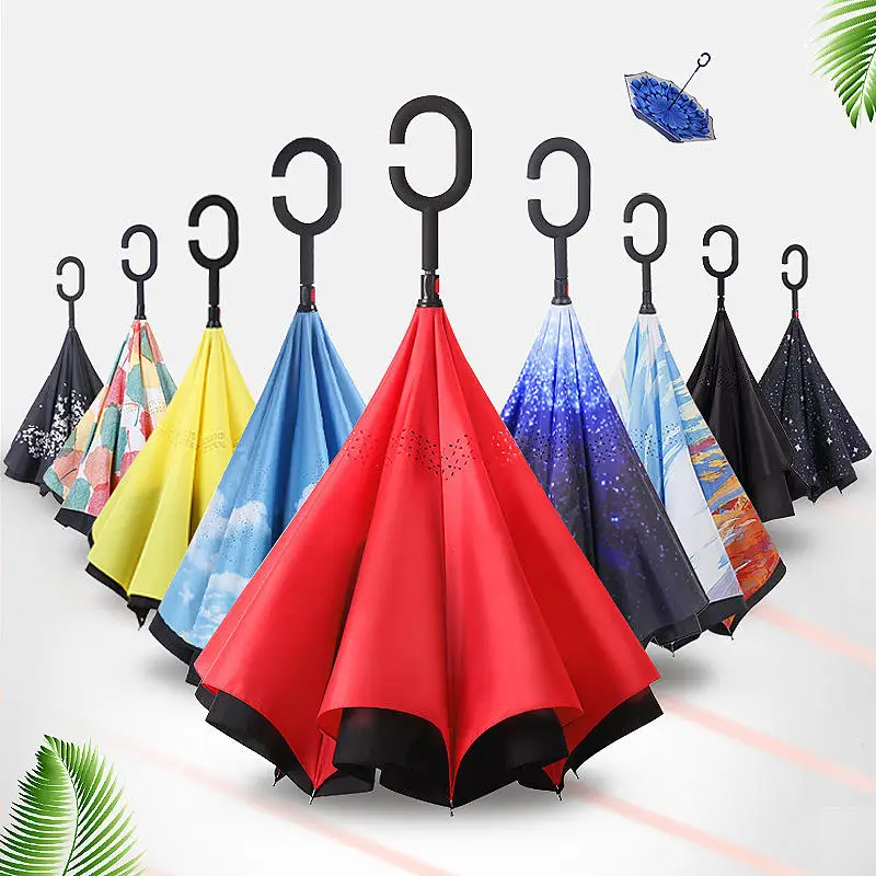 Custom Upside-Down C Hands Free Handle Inside Out Double Layer Sided Car Reserve Inverse Reversible Inverted Reverse Umbrella