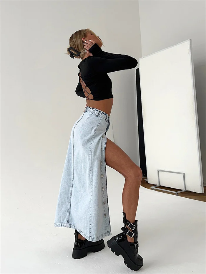 Wholesale Fashion Button  Denim Skirt Retro Long Summer Denim Skirts Girls High Waist Split Jeans Straight Maxi Denim Skirts