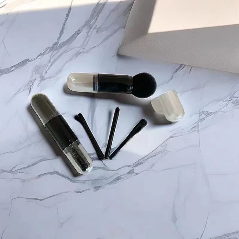 2023 New Custom Logo Portable 4 in 1 Retractable Powder Foundation Brush Mini Eye Eyeshadow Makeup Brush Set