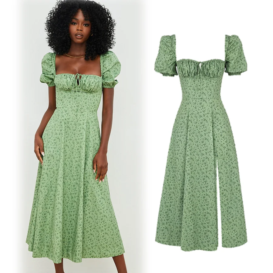 INS/Лидер продаж, женские повседневные платья с пышными рукавами и цветочным рисунком, сексуальное кружевное длинное платье с высоким разрезом, летняя одежда