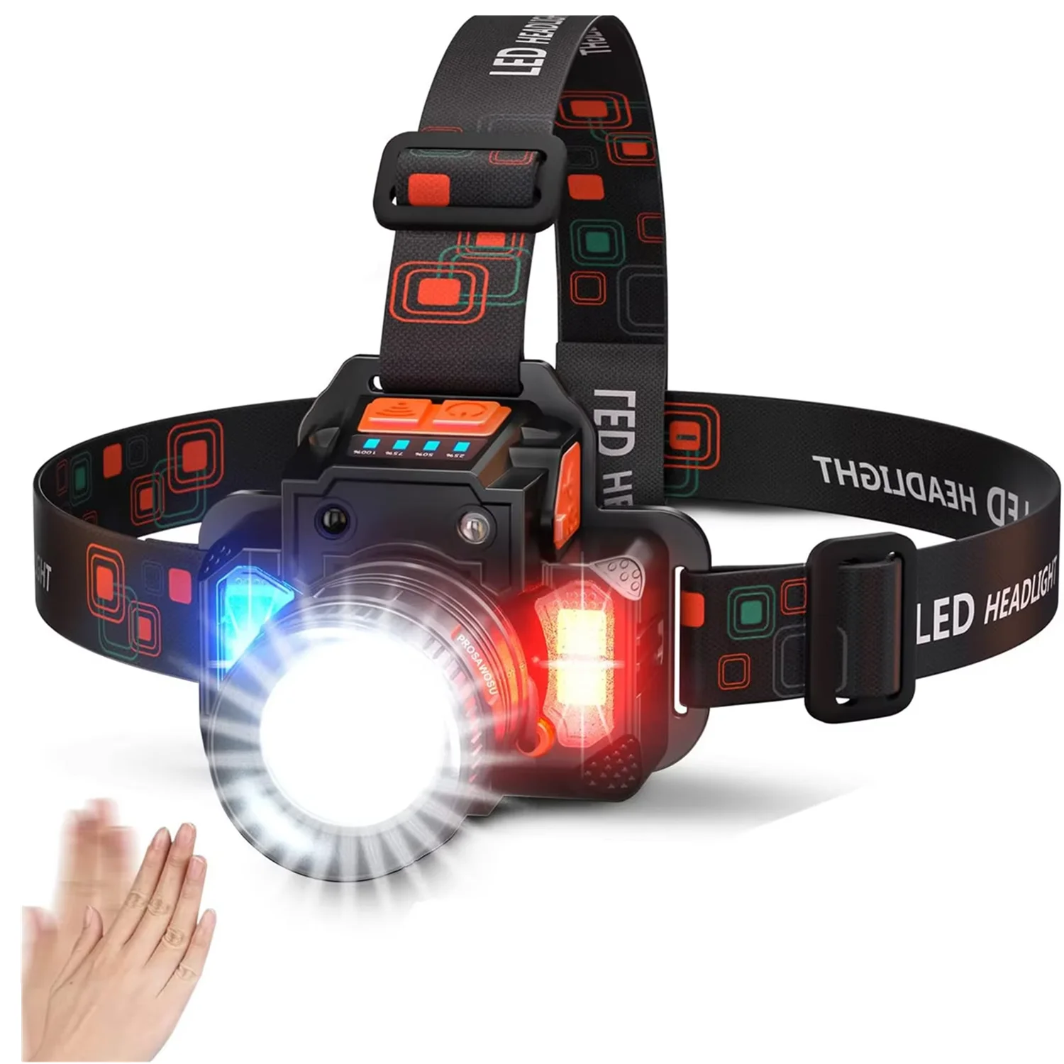 LED Headlamp, Sensor Rechargeable Headlight 7 Modes with Side Lights Red&Blue Flashing Zoomable Adjustable for Emergency Camping