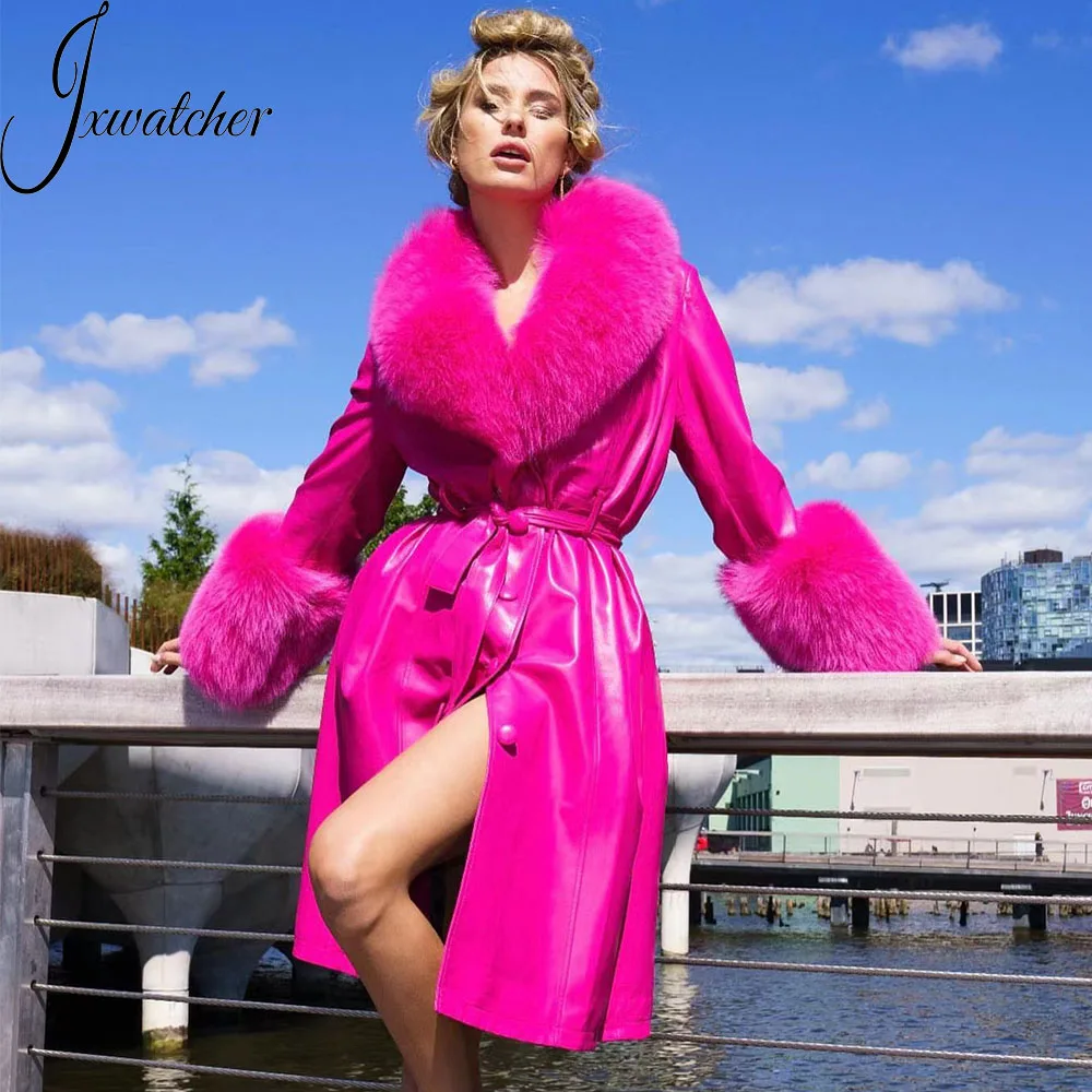 Spring Ladies Genuine Sheepskin Belt Coat With Fox Fur Collar And Cuffs Wholesale Custom Women Long Real Leather Trench Coat