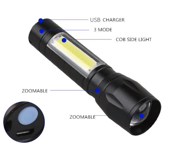 USB Rechargeable Flashlight COB Flash Light Inside Battery Zoomable LED Tactical Flashlight High lumen for Indoor & Outdoor Use